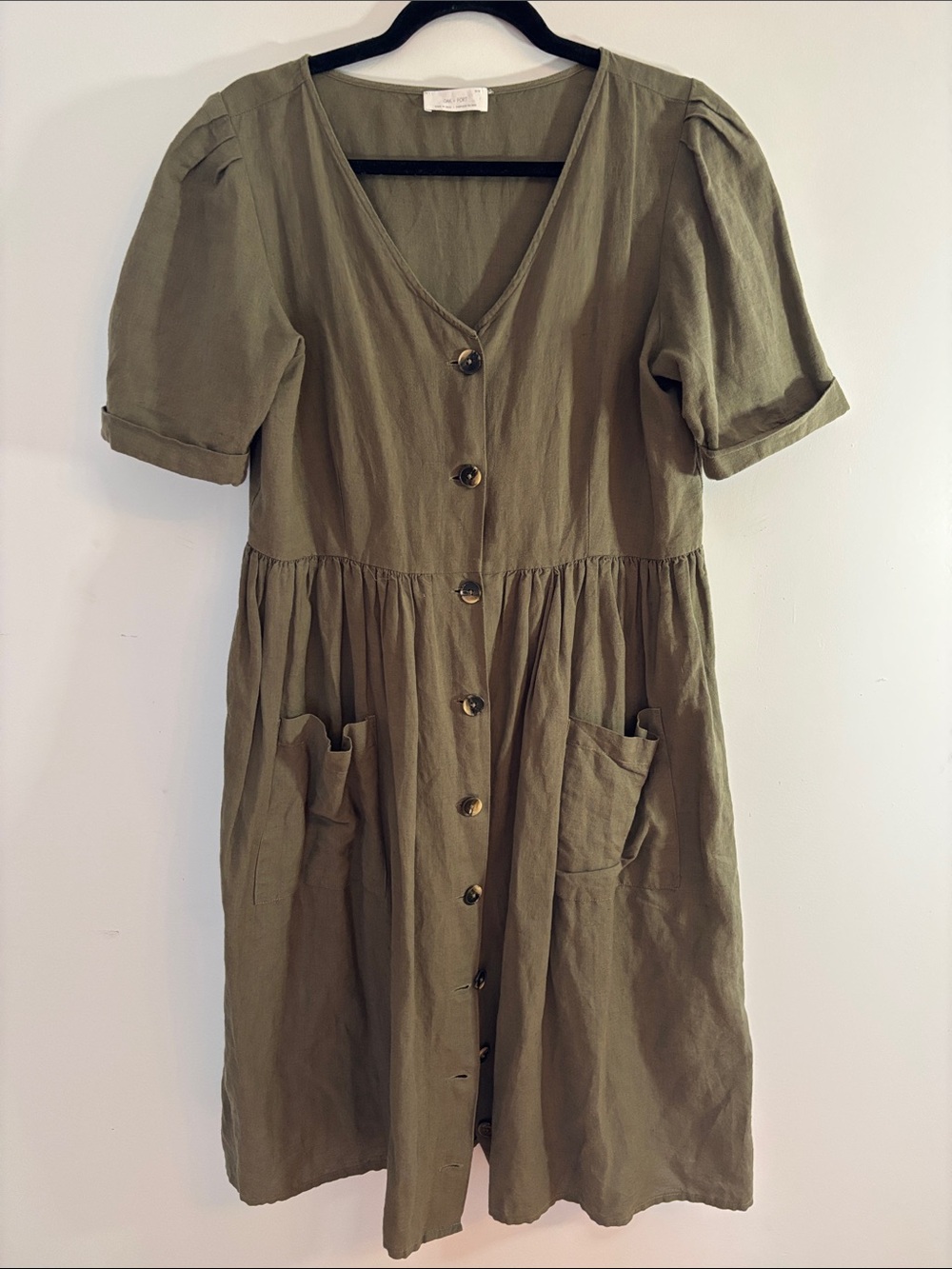 Oak + Fort short sleeve olive green peasant linen/cotton dress